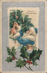 Santa Claus in Blue Suit Trimming Christmas Tree, A Merry Christmas Postcard
