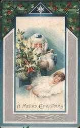 Santa Claus with Christmas Tree and Sleeping Child, A Merry Christmas Postcard