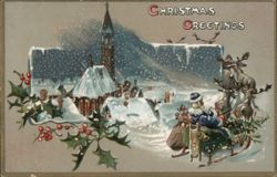 Christmas Greetings, Santa's Sleigh Over Snowy Village Postcard