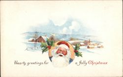 Santa Claus with Snowy Village, Jolly Christmas Greetings Postcard