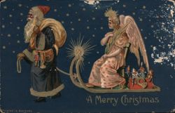 Santa Claus Pulling Sleigh with Angel, A Merry Christmas Postcard
