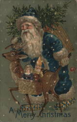 A Merry Christmas: Santa in Blue Suit with Reindeer & Children Postcard