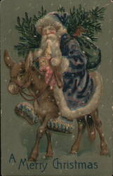Santa Claus Riding Donkey with Christmas Tree & Toys Postcard
