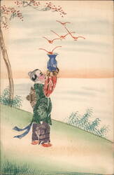 Asian Figure with Vase and Birds, Stamp Collage Art Postcard