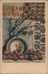Ruthenian Easter Eggs (Kraslice) and Pussy Willows Still Life Postcard