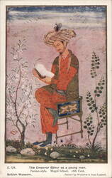 The Emperor Bābur as a young man, Persian style, Mogul School, 16th Cent. Postcard