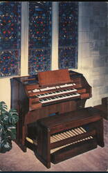 Electronic Organ in Chapel with Stained Glass Windows Postcard