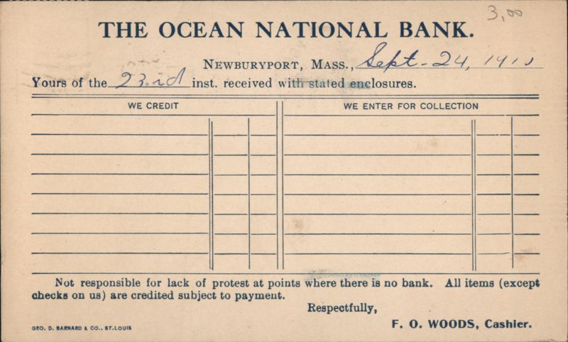 The Ocean National Bank, Newburyport, MA Correspondence Massachusetts