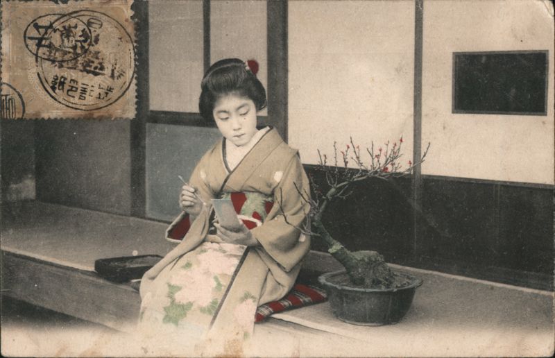 Japanese Woman in Kimono Writing with Bonsai