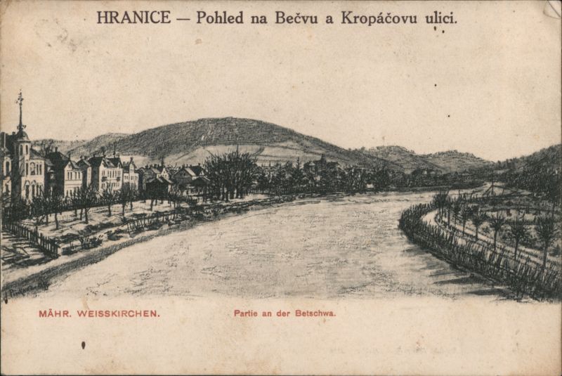 Hranice - View of the Bečva River and Kropáčova Street Hranice na Moravě Czechoslovakia