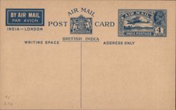 British India Air Mail Post Card, India-London Route Postcard