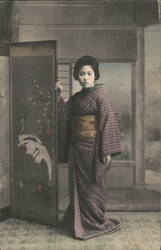Japanese Woman in Kimono with Painted Screen Postcard
