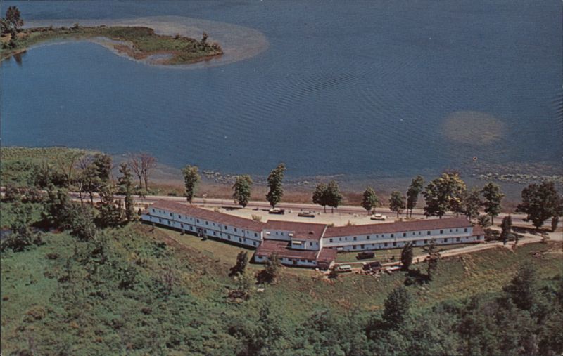 Aerial of Fox Lake and Mar-Fran Motel, Angola, Indiana