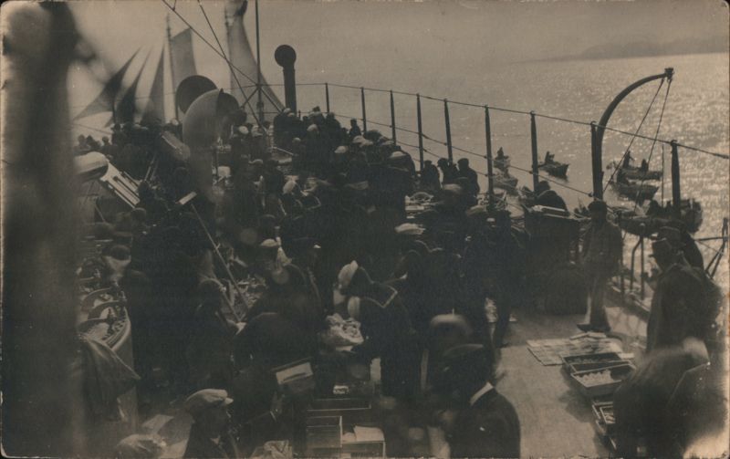 Crowded Ship Deck with Boats in Harbor Navy