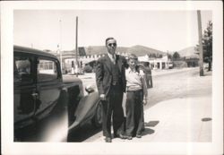 Man and Boy with Car, Mobilgas Station in Background Original Photograph