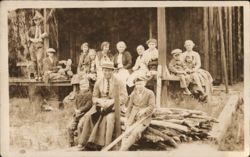 Large Group on Porch, Rustic Setting Postcard