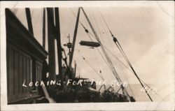 Blimp Airship Hunting Submarine from Ship Postcard
