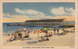Surf Bathing at Ocean Beach with Long Pier, New London Postcard