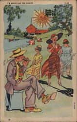 Enjoying the Sights: Comic Beach Scene with Smiling Sun Postcard