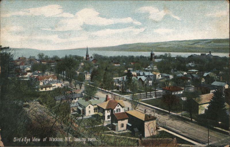 Bird's Eye View of Watkins, NY, Looking North with Lake Watkins Glen New York