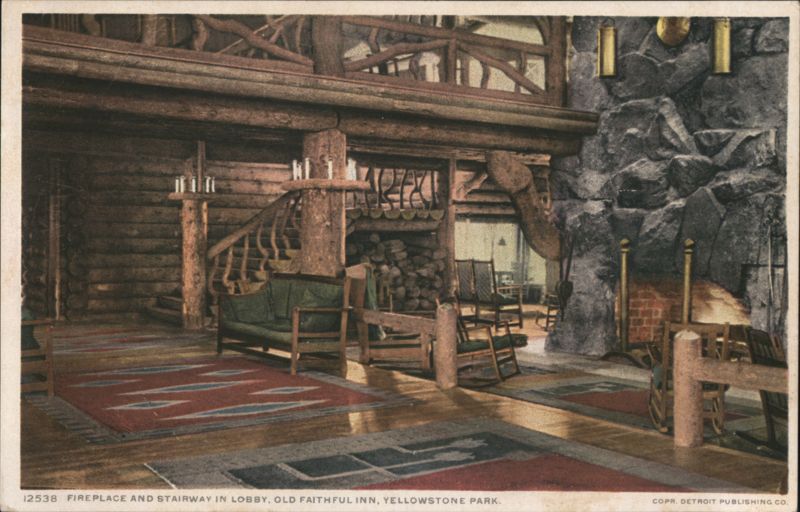 FIREPLACE AND STAIRWAY IN LOBBY, OLD FAITHFUL INN, YELLOWSTONE PARK