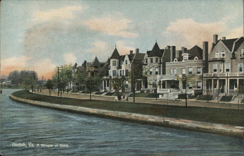 Row of Ornate Houses Along Canal in Ghent, Norfolk, VA Virginia