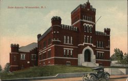 State Armory, Woonsocket, RI with Vintage Car Postcard