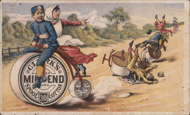 Boy and Woman on Giant Spool Cotton Bicycle, Men Falling in Humorous Race