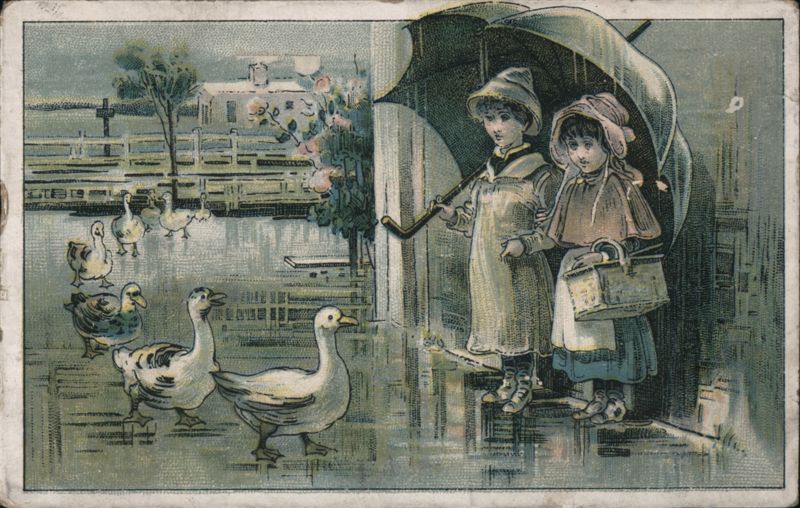 Two Girls with Umbrella and Ducks on a Rainy Day