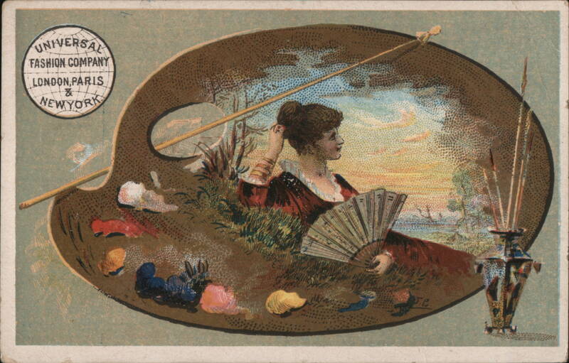 Woman with Fan in Artist's Palette for Universal Fashion Company