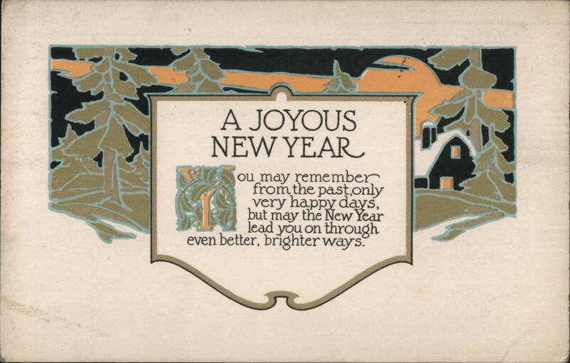 A Joyous New Year Greeting with Art Nouveau Pine Trees & Cabin