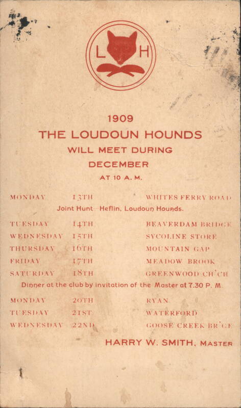 1909 Loudoun Hounds Fox Hunting Schedule, Leesburg VA