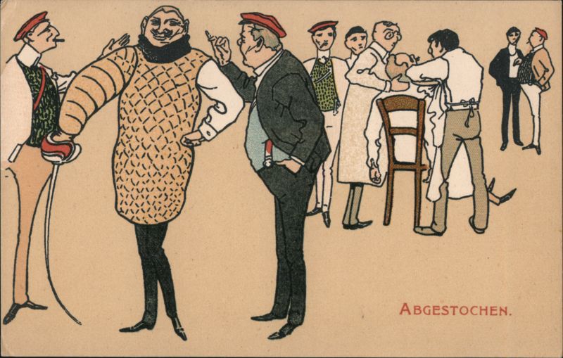 German Comic Caricature: Men in Barber Shop, Abgestochen