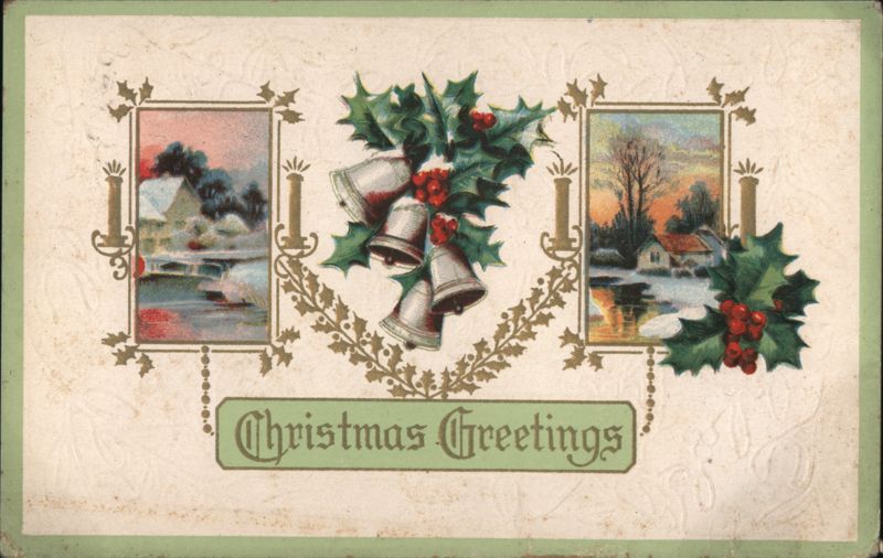 Christmas Greetings with Bells, Holly, and Snowy Winter Scenes