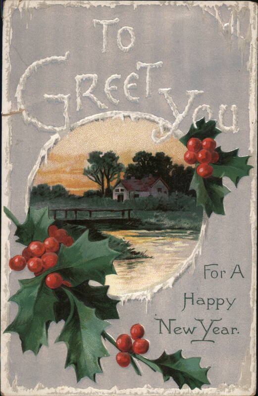 Happy New Year Greeting with Holly and Berries, Rural Landscape Vignette