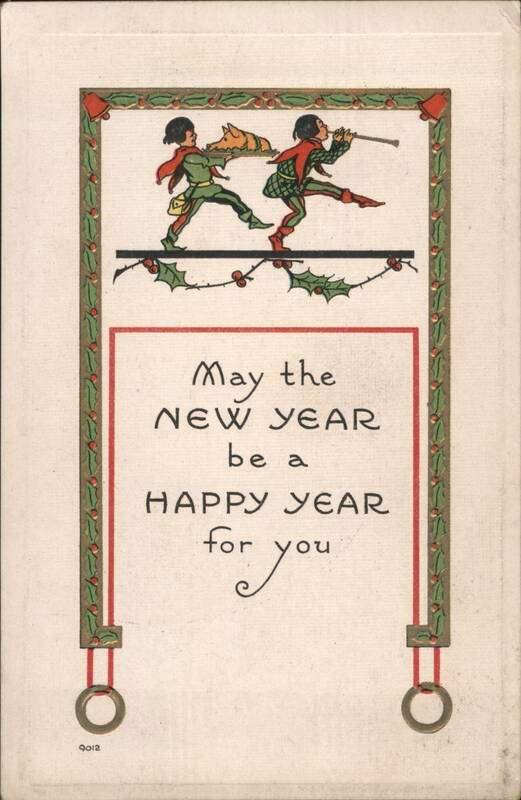 New Year's Greeting with Dancing Figures and Horn Player