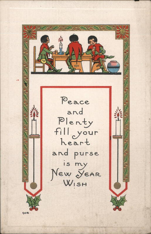 New Year's Wish with Elves at Table, Peace and Plenty Greeting