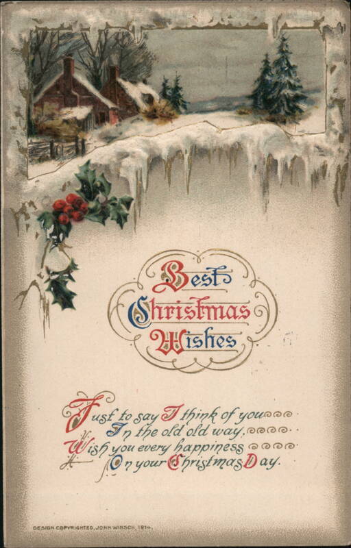 Best Christmas Wishes, Winter Scene with House, Snow, Icicles, and Holly