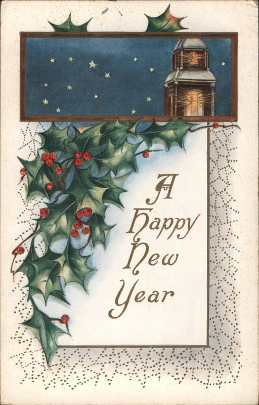 A Happy New Year with Holly and Lantern under Starry Sky