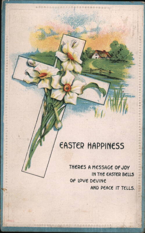 Easter Happiness Cross with Daffodils and Landscape