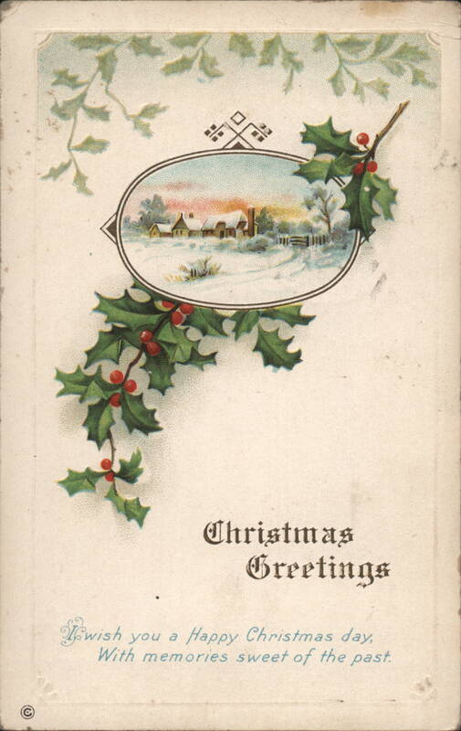 Christmas Greetings with Holly and Winter Village Scene