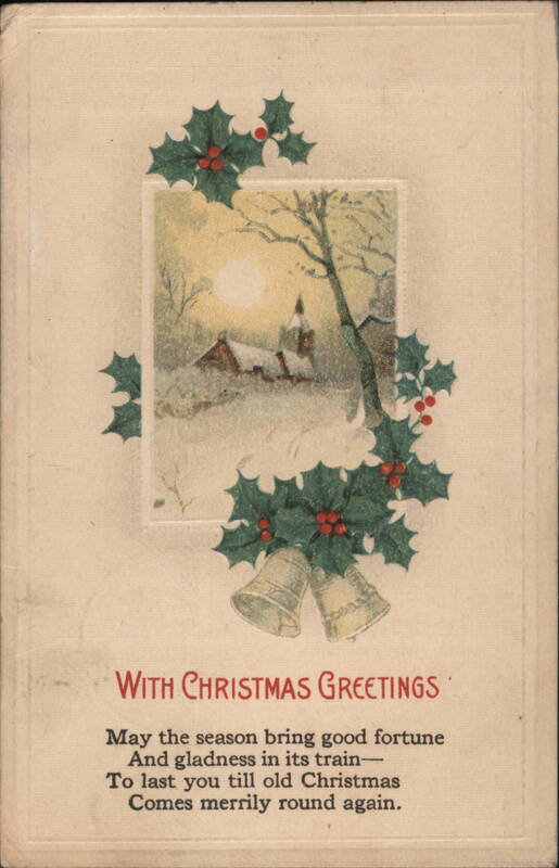 Christmas Greetings Winter Scene with Church, Snow, Holly & Bells