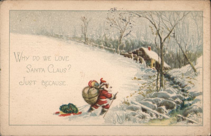 Santa Claus Pulling Christmas Tree in Snowy Landscape