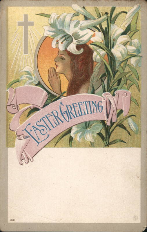 Easter Greeting with Praying Woman, Cross, and White Lilies
