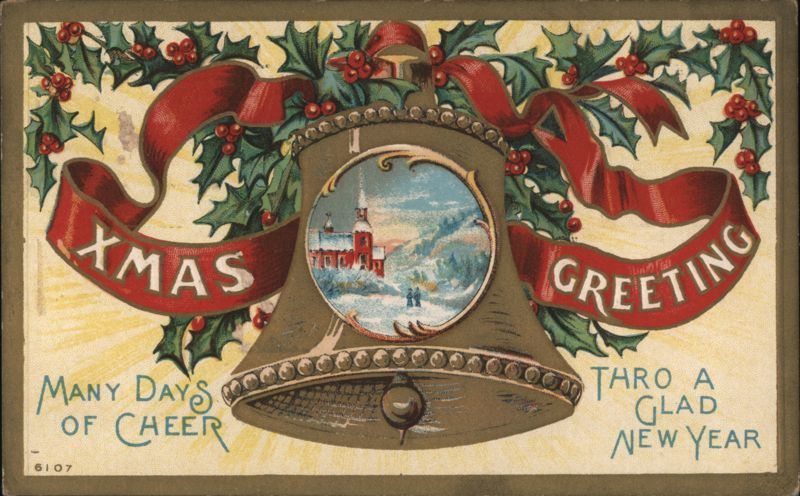 Christmas Bell with Winter Church Scene and Holly Greetings