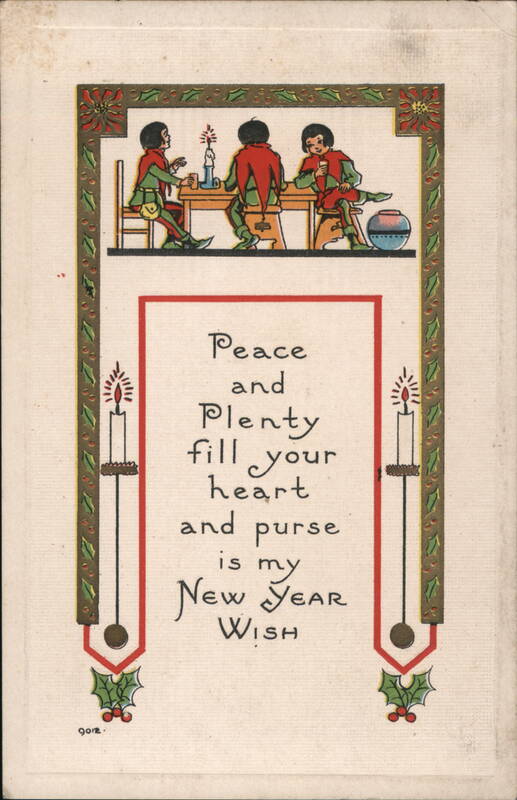 New Year Wish with Elves and Holly Border