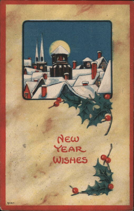 New Year Wishes Winter Scene with Snow-Covered Village and Holly