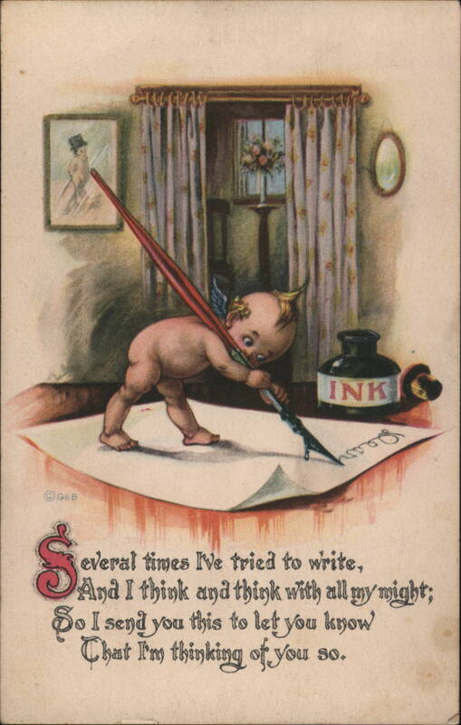 Baby Angel Kewpie Writing Letter with Quill Pen, Thinking of You Poem
