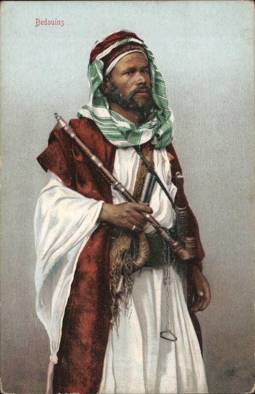 Bedouin Man in Traditional Attire Holding Pipe Arab
