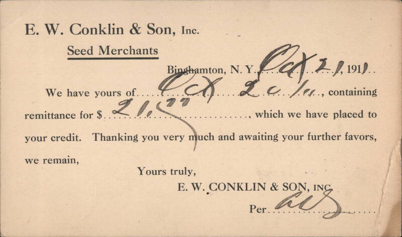 E. W. Conklin & Son, Inc. Seed Merchants Remittance Acknowledgment